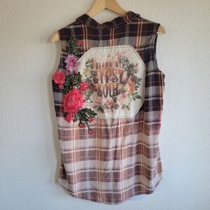 NWOT Boho Jane Plaid Ombre Bleached Dye Button Down Sleeveless Shirt Size S